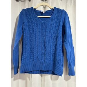 Vintage St Johns Bay Women Royal Blue Cable Knit V-Neck Sweater Small SJ01-690-A